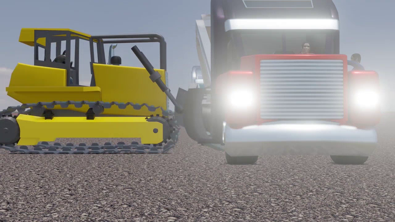 A frame from a courtroom animation used as a trial exhibit where a bulldozer approaches an 18-wheeler moments before a high-impact commercial vehicle collision.